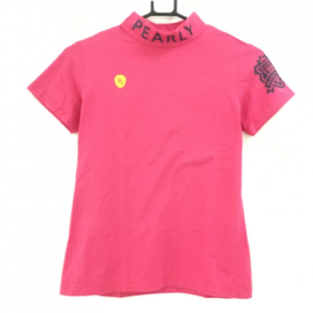 パーリーゲイツ 半袖ハイネックシャツ ピンク×ダークネイビー ネックロゴ  レディース 0(S) ゴルフウェア PEARLY GATES