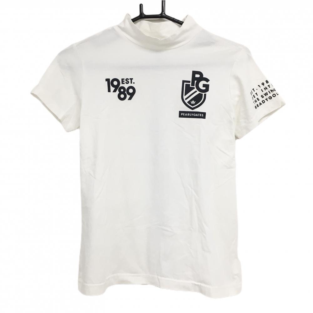 【美品】パーリーゲイツ 半袖ハイネックシャツ 白×ダークネイビー ロゴプリント  レディース 0(S) ゴルフウェア PEARLY GATES
