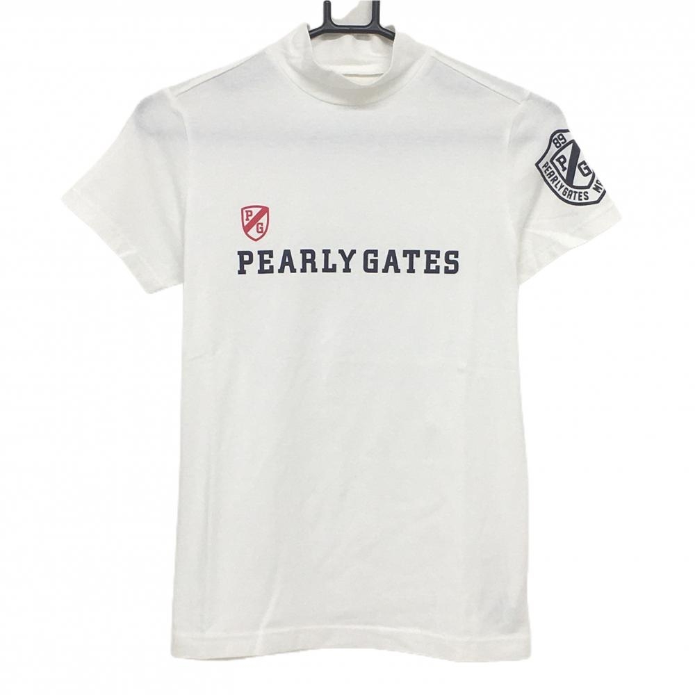 【美品】パーリーゲイツ 半袖ハイネックシャツ 白 ロゴプリント  レディース 1(M) ゴルフウェア PEARLY GATES