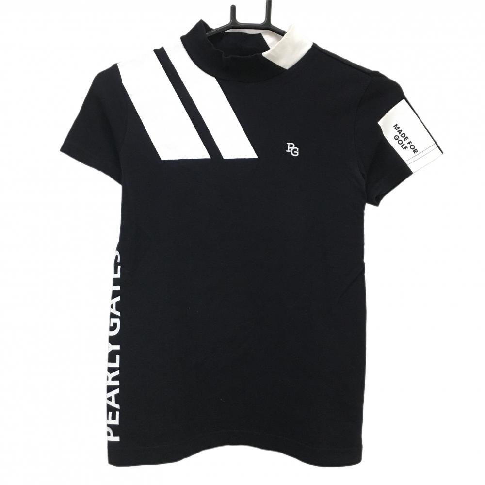 パーリーゲイツ 半袖ハイネックシャツ 黒×白 肩斜めライン レディース 0(S) ゴルフウェア PEARLY GATES