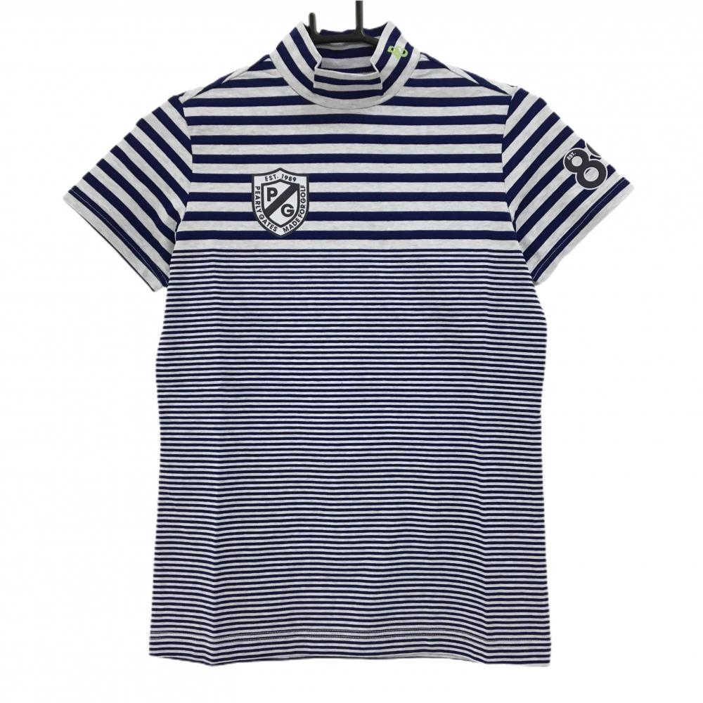 【新品】パーリーゲイツ 半袖ハイネックシャツ ライトグレー×ネイビー ボーダー ロゴプリント レディース 0(S) ゴルフウェア PEARLY GATES