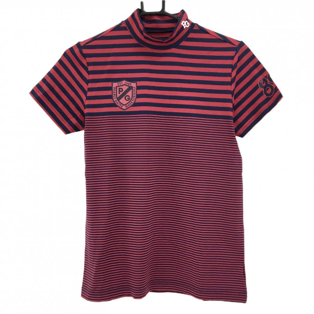 【新品】パーリーゲイツ 半袖ハイネックシャツ レッド×ネイビー ボーダー ロゴプリント レディース 1(M) ゴルフウェア PEARLY GATES