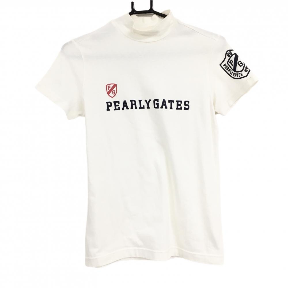 パーリーゲイツ 半袖ハイネックシャツ 白×ネイビー フロントロゴ レディース 1(M) ゴルフウェア PEARLY GATES