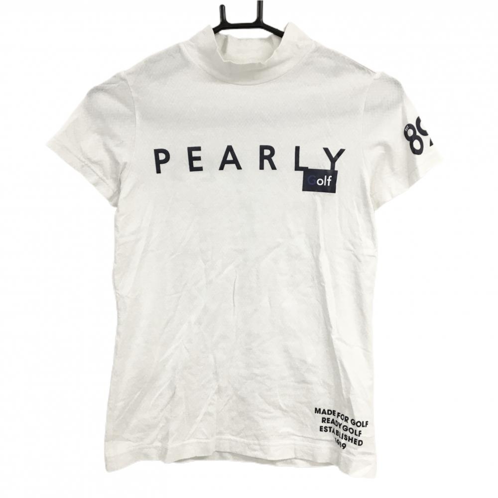 【美品】パーリーゲイツ 半袖ハイネックシャツ 白×ネイビー ビッグロゴプリント レディース 0(S) ゴルフウェア PEARLY GATES