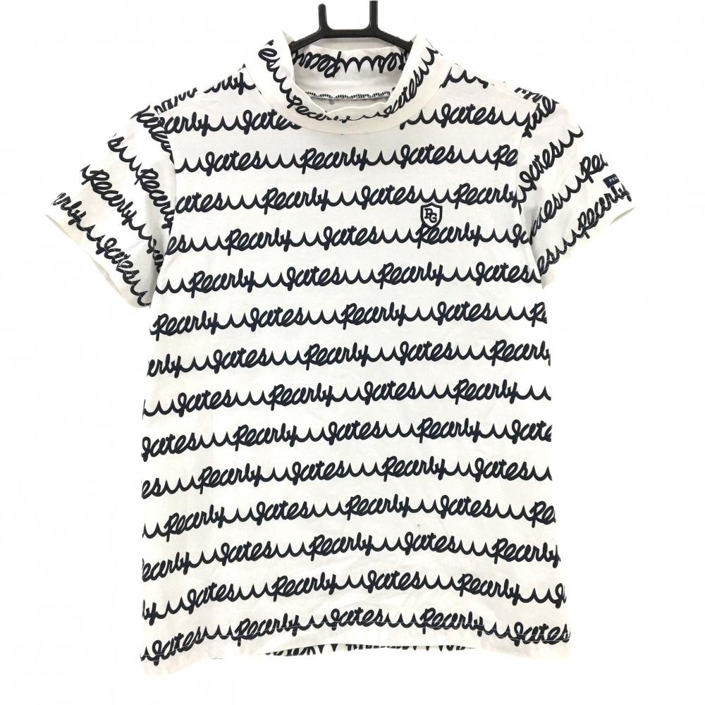 【美品】パーリーゲイツ 半袖ハイネックシャツ 白×ダークネイビー ロゴ総柄  レディース 0(S) ゴルフウェア PEARLY GATES