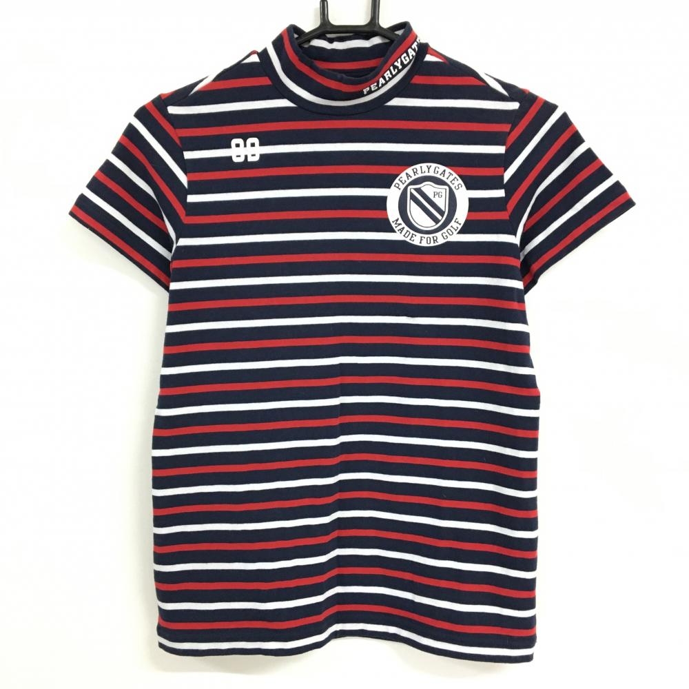 パーリーゲイツ 半袖ハイネックシャツ ネイビー×白×レッド ボーダー  レディース 1(M) ゴルフウェア PEARLY GATES