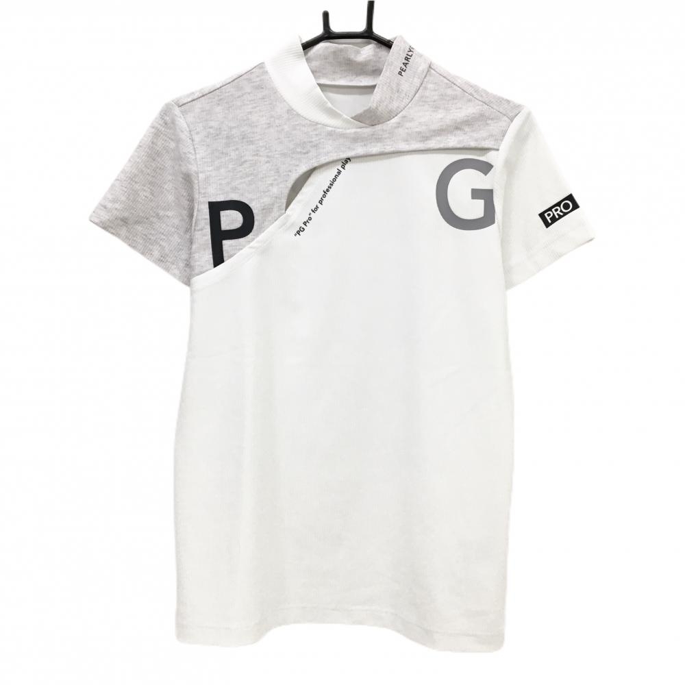 【超美品】パーリーゲイツ 半袖ハイネックシャツ 白×ライト杢グレー 切替   レディース 2(L) ゴルフウェア 2024年モデル PEARLY GATES