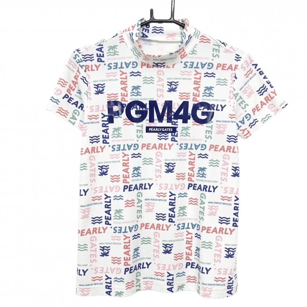 【美品】パーリーゲイツ 半袖ハイネックシャツ 白×ネイビー×ピンク ロゴ総柄 レディース 1(M) ゴルフウェア 2023年モデル PEARLY GATES