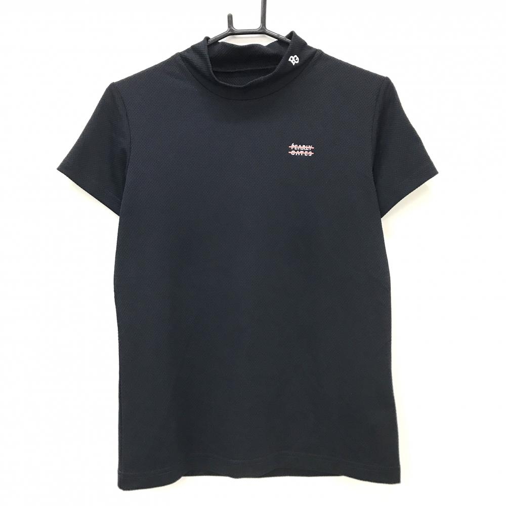 【超美品】パーリーゲイツ 半袖ハイネックシャツ 黒 ボールくん バックプリント レディース 1(M) ゴルフウェア 2024年モデル PEARLY GATES