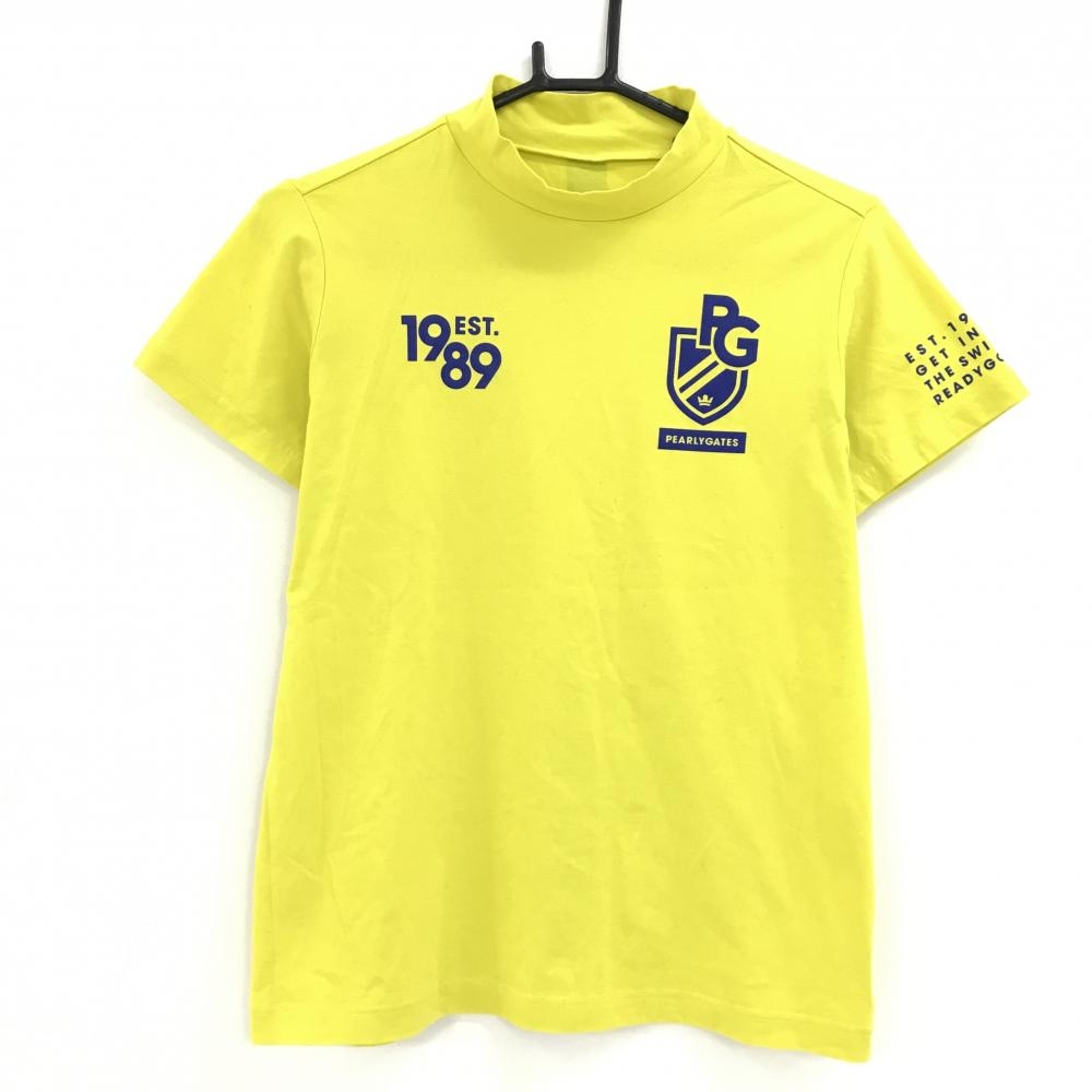 【超美品】パーリーゲイツ 半袖ハイネックシャツ イエロー ロゴネイビー ストレッチ レディース 1(M) ゴルフウェア PEARLY GATES