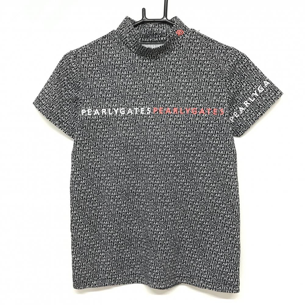 【美品】パーリーゲイツ 半袖ハイネックシャツ 黒×白 ロゴ総柄 レディース 1(M) ゴルフウェア 2024年モデル PEARLY GATES