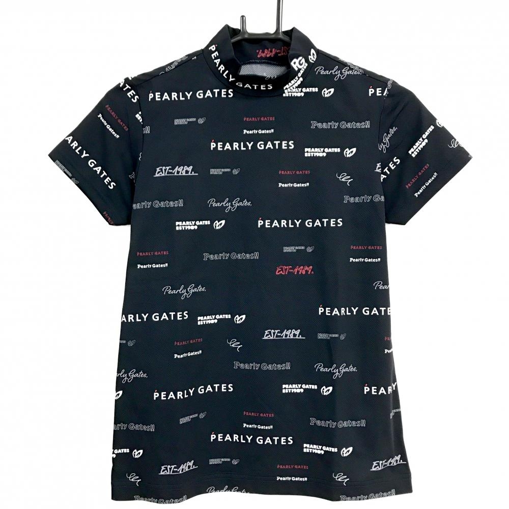 【新品】パーリーゲイツ 半袖ハイネックシャツ 黒×白 ロゴ総柄 日本製   レディース 1(M) ゴルフウェア 2024年モデル PEARLY GATES