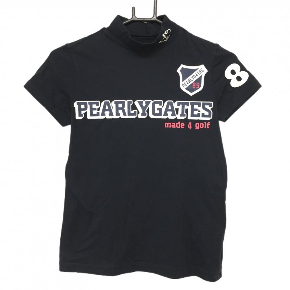 【美品】パーリーゲイツ 半袖ハイネックシャツ ネイビー×白 フロントロゴ レディース 0(S) ゴルフウェア PEARLY GATES