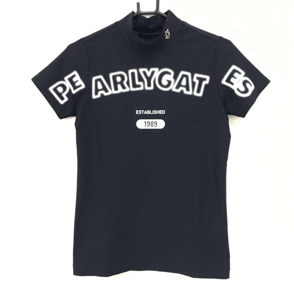 【超美品】パーリーゲイツ 半袖ハイネックシャツ ネイビー ロゴ ストレッチ  レディース 1(M) ゴルフウェア 2025年モデル PEARLY GATES