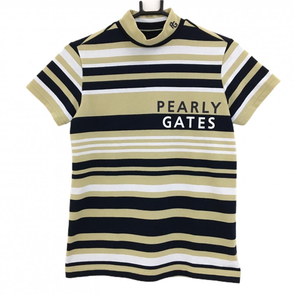 【超美品】パーリーゲイツ 半袖ハイネックシャツ ベージュ×ダークネイビー×白 レディース 1(M) ゴルフウェア 2024年モデル PEARLY GATES