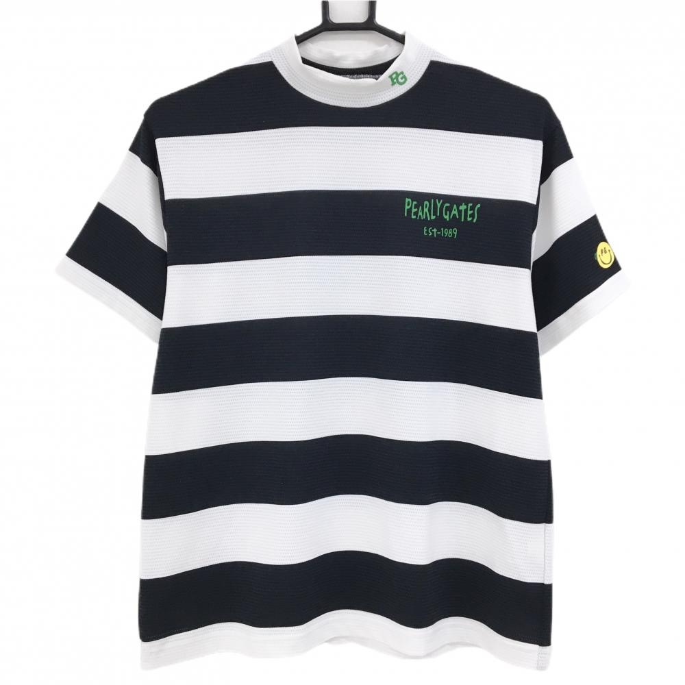 【超美品】パーリーゲイツ 半袖ハイネックシャツ 白×ダークネイビー 太ボーダー レディース 1(M) ゴルフウェア 2024年モデル PEARLY GATES
