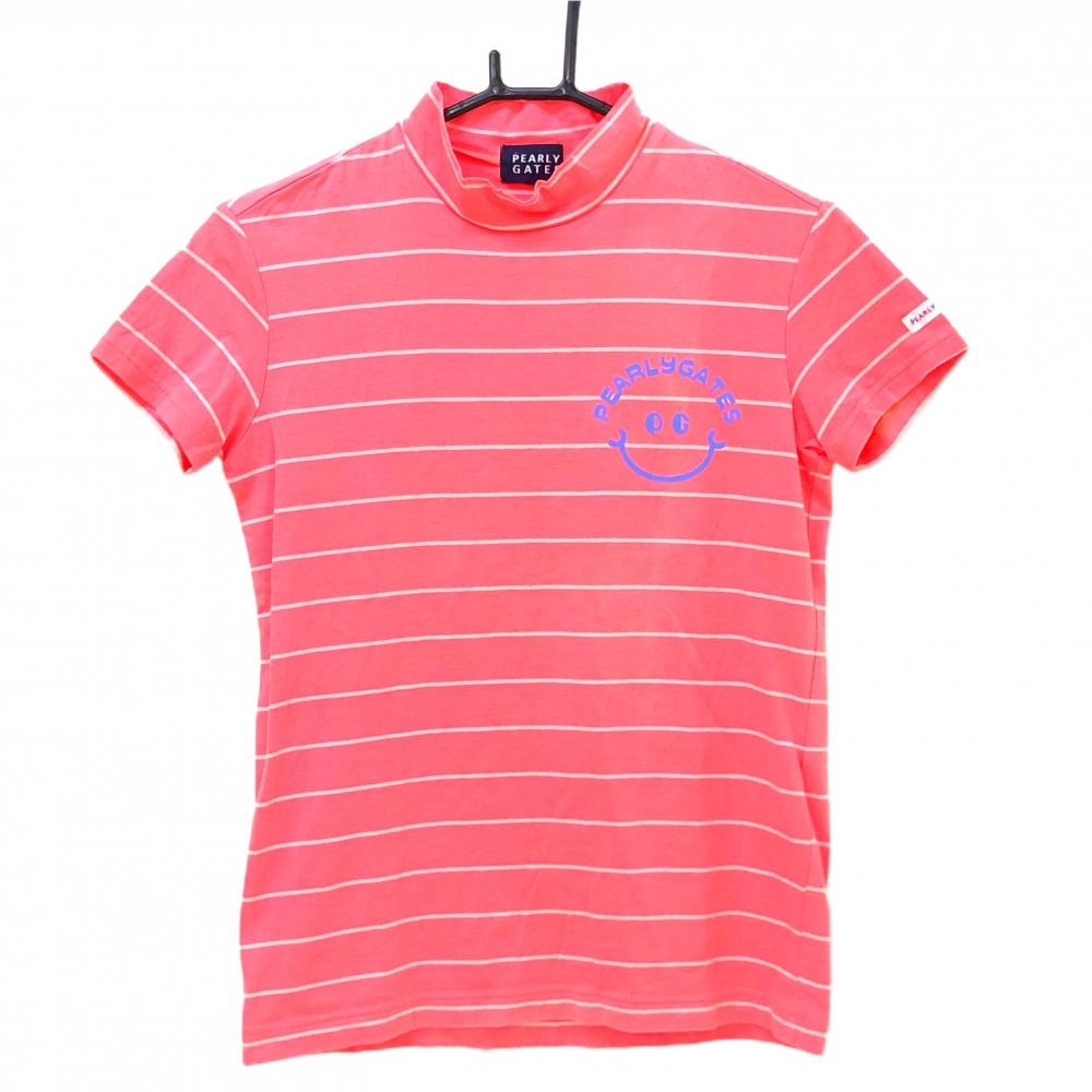パーリーゲイツ 半袖ハイネックシャツ ピンク×白 ボーダー ニコちゃん スマイル レディース 0(S) ゴルフウェア PEARLY GATES