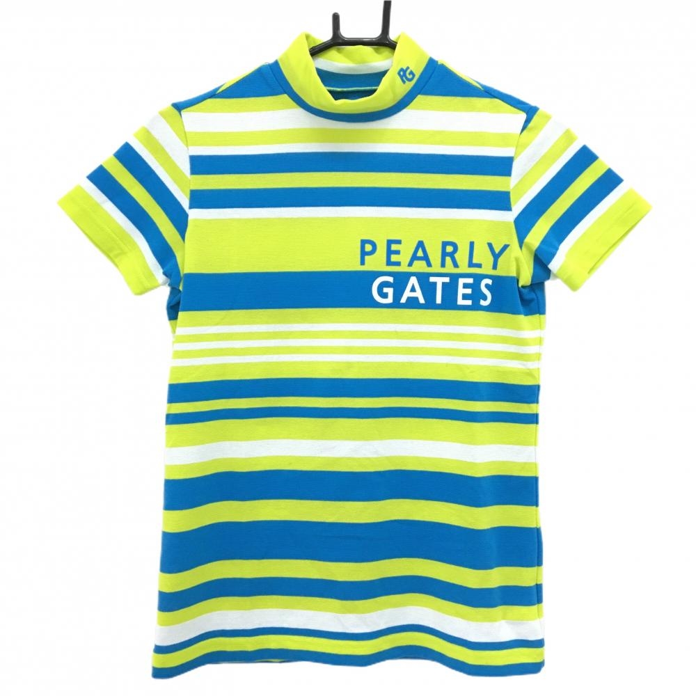 【美品】パーリーゲイツ 半袖ハイネックシャツ ライトグリーン×ブルー  レディース 0(S) ゴルフウェア 2024年モデル PEARLY GATES