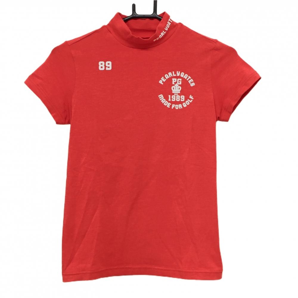 【美品】パーリーゲイツ 半袖ハイネックシャツ レッド ロゴ白 ストレッチ  レディース 0(S) ゴルフウェア PEARLY GATES