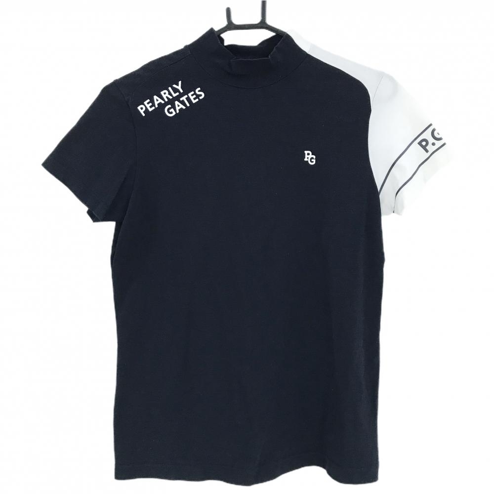 【超美品】パーリーゲイツ 半袖ハイネックシャツ ダークネイビー×白 コットン混 肩ロゴ レディース 1(M) ゴルフウェア PEARLY GATES
