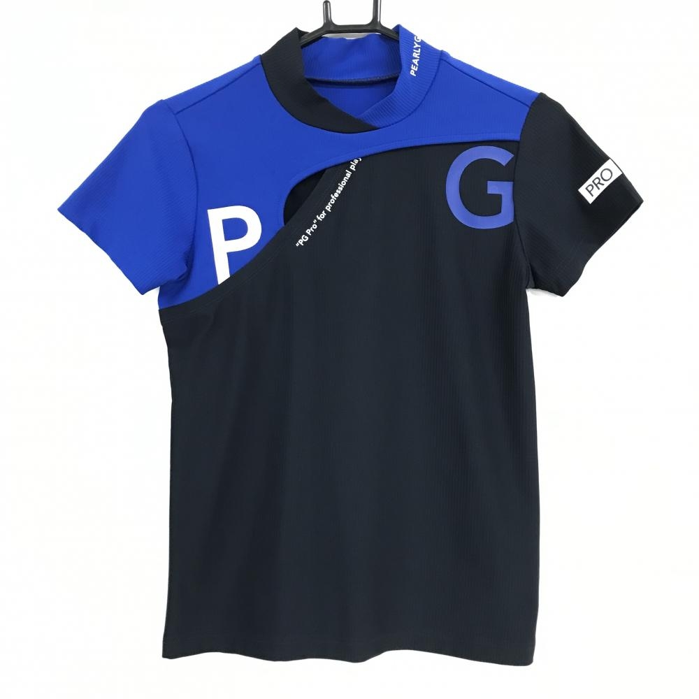 【美品】パーリーゲイツ 半袖ハイネックシャツ 黒×ブルー バイカラー  レディース 0(S) ゴルフウェア 2024年モデル PEARLY GATES