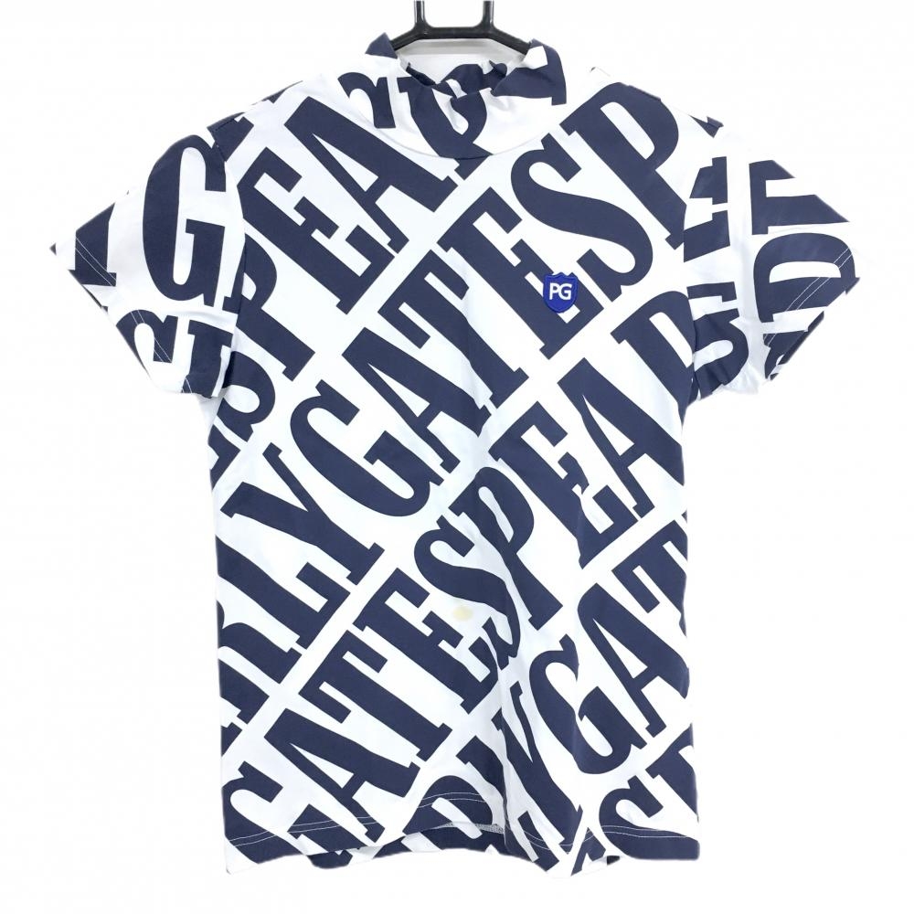 パーリーゲイツ 半袖ハイネックシャツ 白×ネイビー ロゴ総柄 レディース 0(S) ゴルフウェア PEARLY GATES