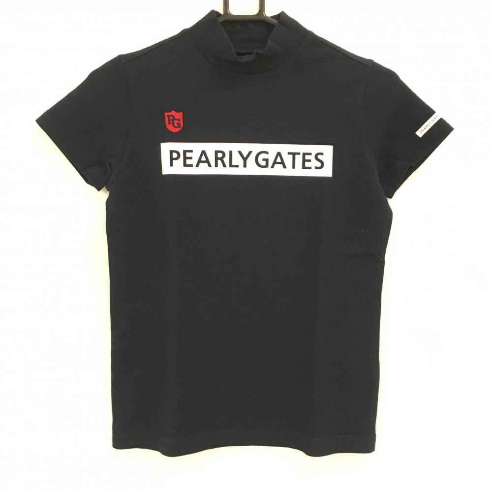 【美品】パーリーゲイツ 半袖ハイネックシャツ ネイビー×白 フロントロゴ  レディース 0(S) ゴルフウェア PEARLY GATES