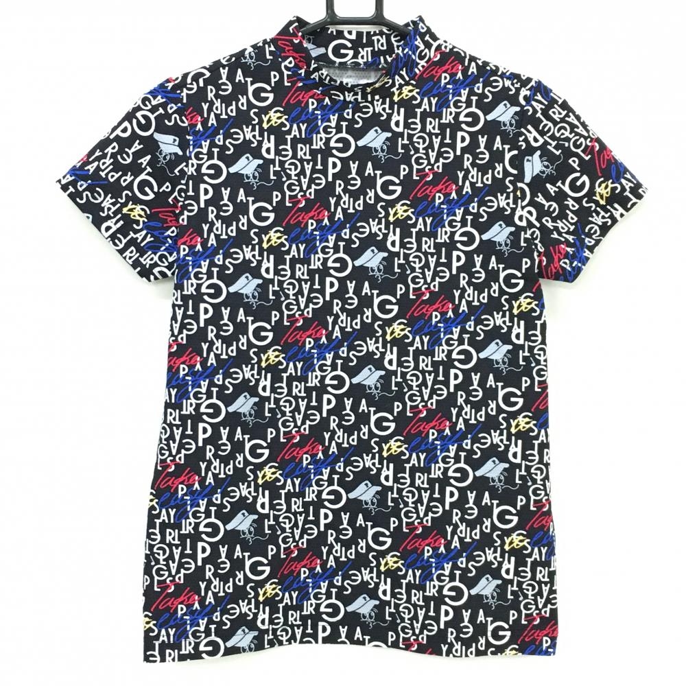 【超美品】パーリーゲイツ 半袖ハイネックシャツ 黒×白 サンバイザー総柄 レディース 1(M) ゴルフウェア 2025年モデル PEARLY GATES