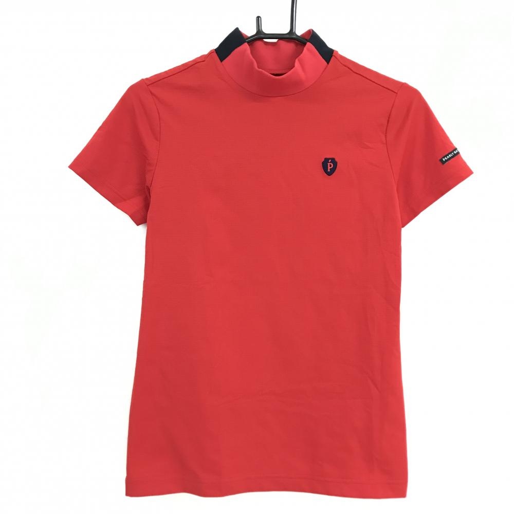 【超美品】パーリーゲイツ 半袖ハイネックシャツ レッド×ネイビー ネックロゴ  レディース 1(M) ゴルフウェア PEARLY GATES