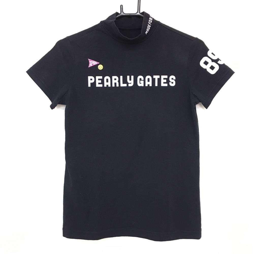 パーリーゲイツ 半袖ハイネックシャツ ネイビー×白 ニコちゃん スマイル ロゴ  レディース 1(M) ゴルフウェア PEARLY GATES