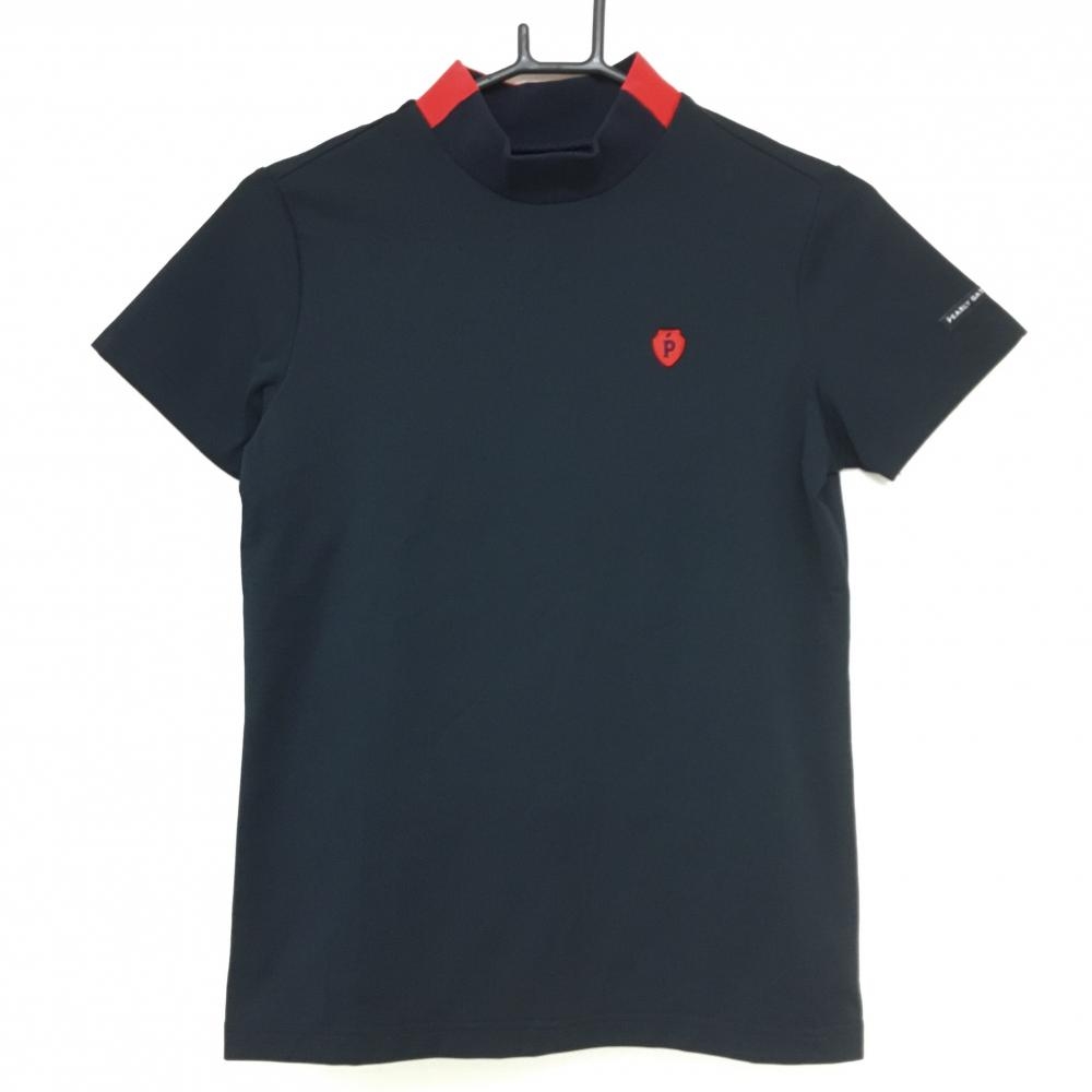 【超美品】パーリーゲイツ 半袖ハイネックシャツ 黒系×レッド ネック後ろロゴ レディース 1(M) ゴルフウェア PEARLY GATES