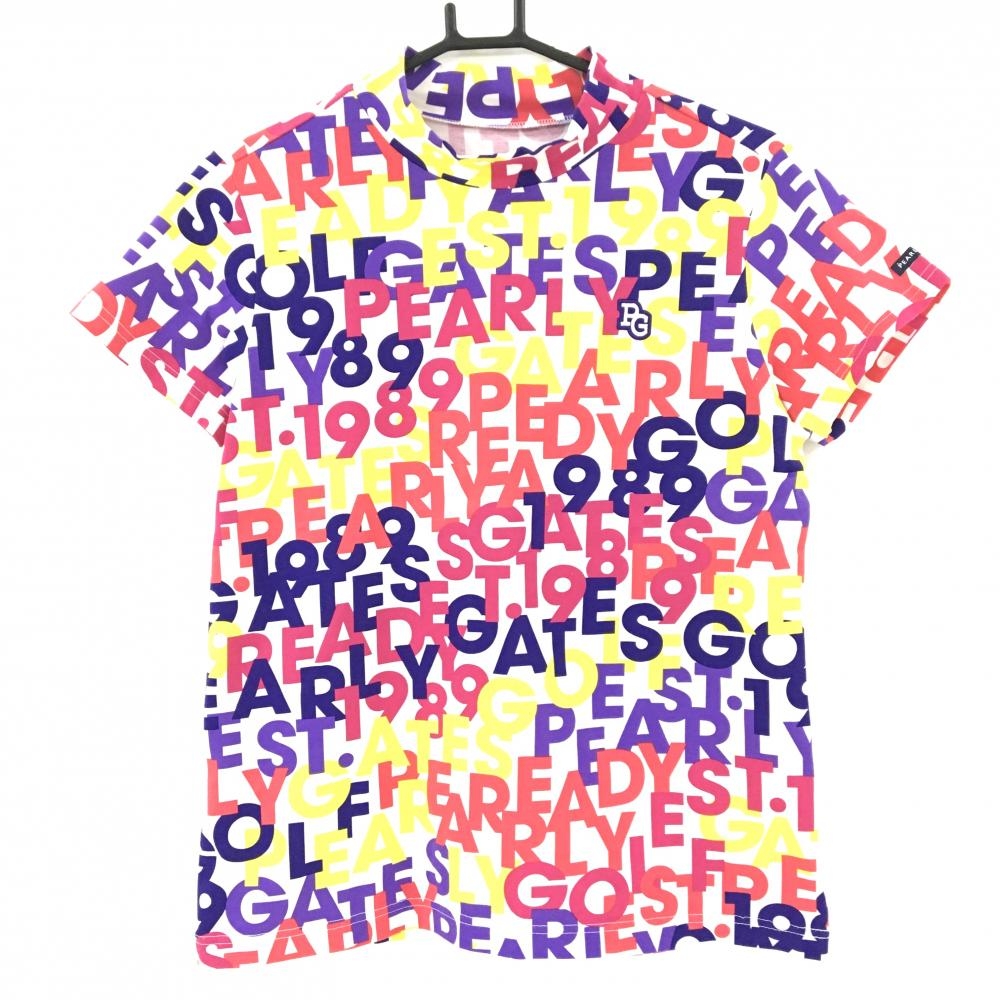 【超美品】パーリーゲイツ 半袖ハイネックシャツ 白×マルチカラー ロゴ総柄 ストレッチ レディース 2(L) ゴルフウェア PEARLY GATES