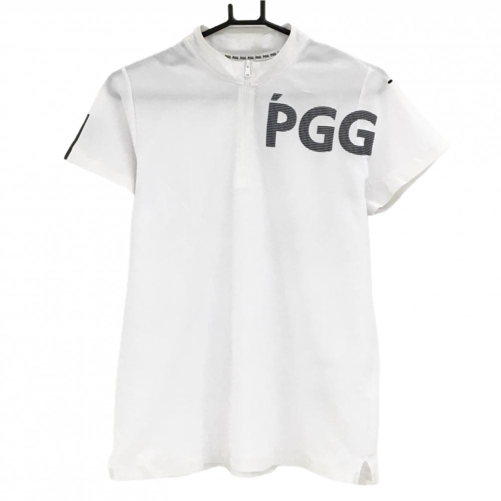PGGパーリーゲイツ 半袖ハイネックシャツ 白×黒 ロゴボーダー ハーフジップ レディース 2(L) ゴルフウェア PEARLY GATES