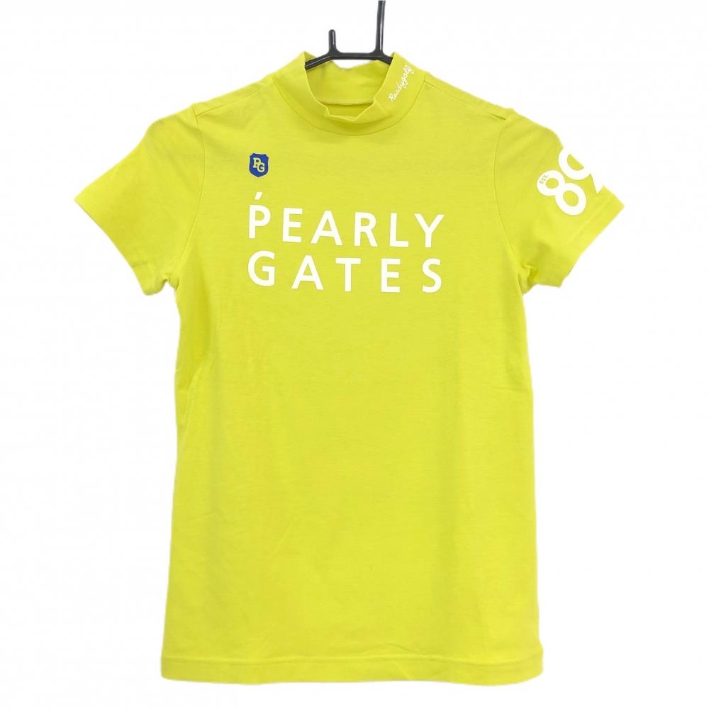 【美品】パーリーゲイツ 半袖ハイネックシャツ イエロー×白 フロントロゴ レディース 0(S) ゴルフウェア PEARLY GATES