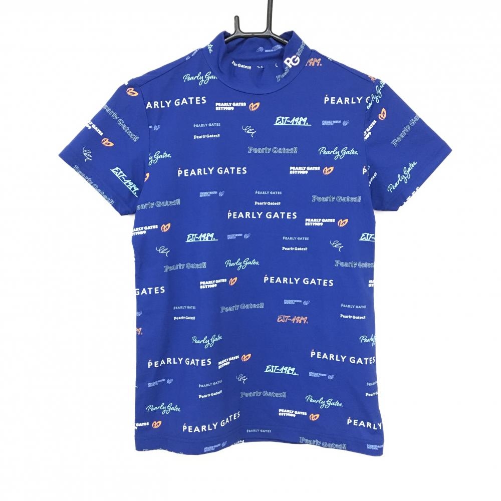 【超美品】パーリーゲイツ 半袖ハイネックシャツ ブルー×白 ロゴ総柄  レディース 2(L) ゴルフウェア 2024年モデル PEARLY GATES