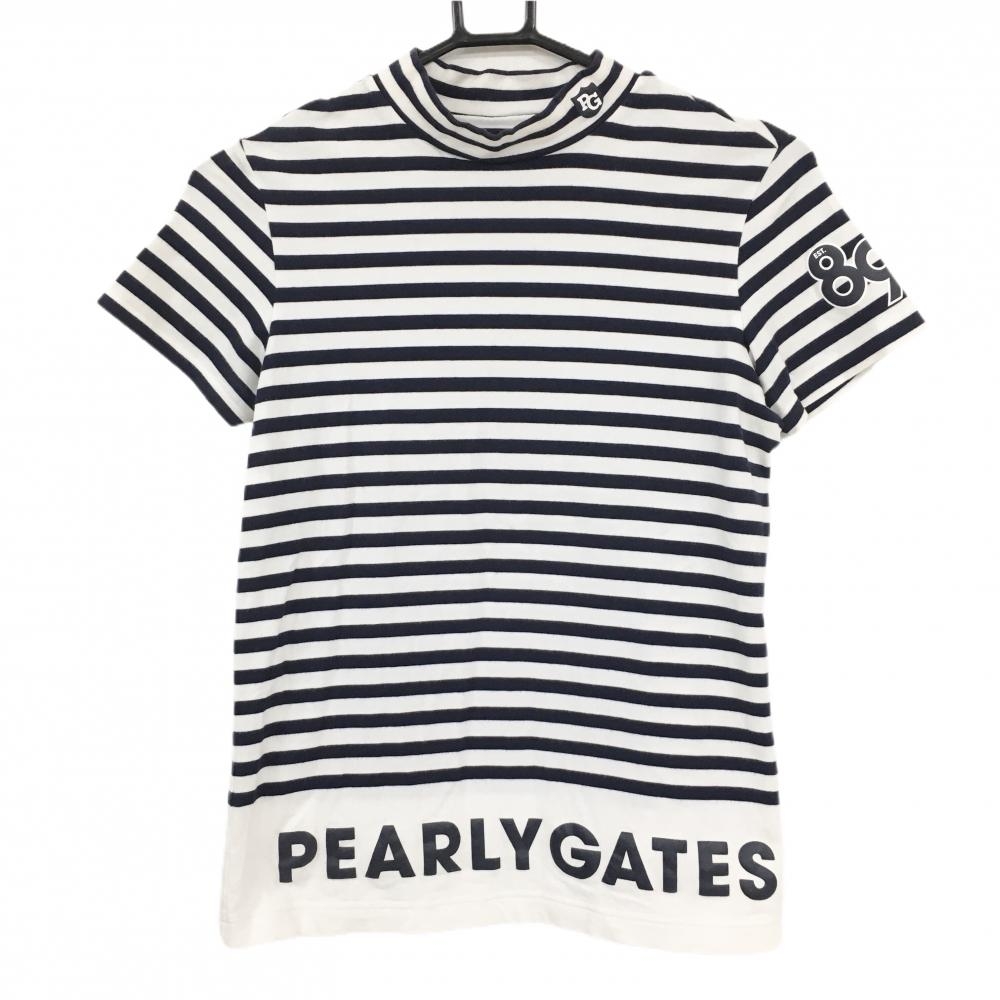 パーリーゲイツ 半袖ハイネックシャツ 白×ネイビー ボーダー 裾ロゴ レディース 1(M) ゴルフウェア PEARLY GATES