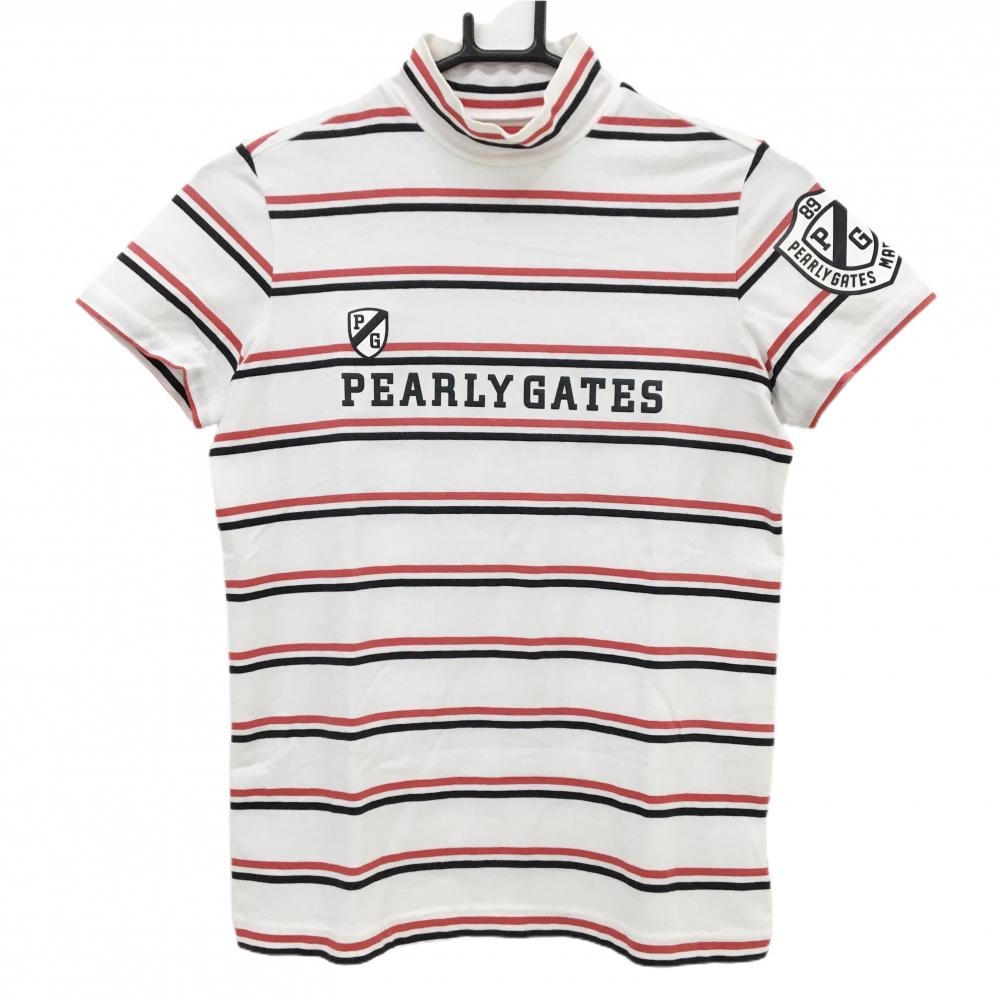 【美品】パーリーゲイツ 半袖ハイネックシャツ 白×レッド系×黒 ボーダー ロゴプリント レディース 1(M) ゴルフウェア PEARLY GATES