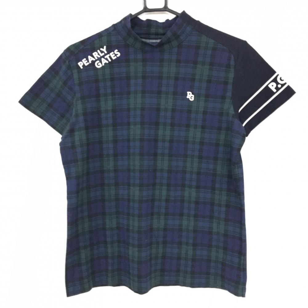 【美品】パーリーゲイツ 半袖ハイネックシャツ ネイビー×グリーン×黒 チェック レディース 2(L) ゴルフウェア PEARLY GATES