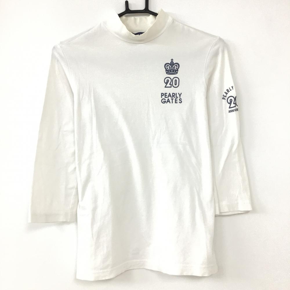 PEARLY GATES パーリーゲイツ 長袖ハイネックシャツ 白×ネイビー 20周年 半端袖 襟、袖汚れ レディース 2(M) ゴルフウェア 画像