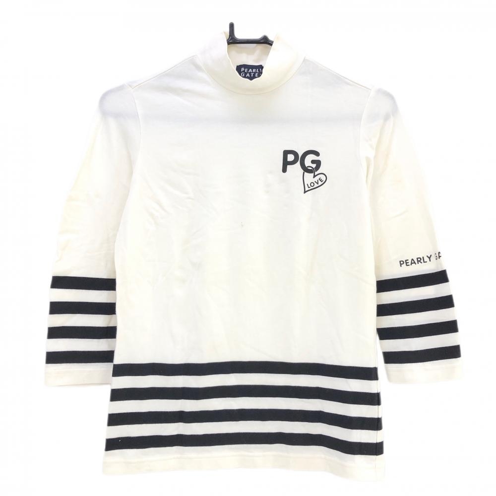 パーリーゲイツ 長袖ハイネックシャツ 白×黒 一部ボーダー 七分袖 バックロゴ レディース 0(S) ゴルフウェア PEARLY GATES