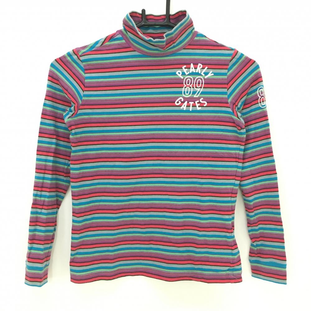 【美品】パーリーゲイツ 長袖ハイネックシャツ マルチカラー ボーダー ロゴプリント レディース 0(S) ゴルフウェア PEARLY GATES