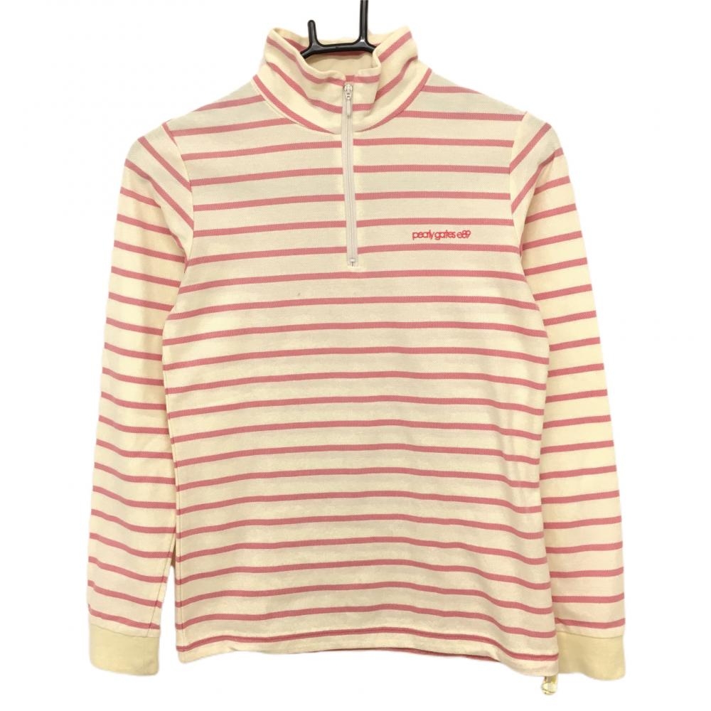 パーリーゲイツ 長袖ハイネックシャツ ベージュ×ピンク ボーダー ハーフジップ 裾 レディース 0(S) ゴルフウェア PEARLY GATES 画像