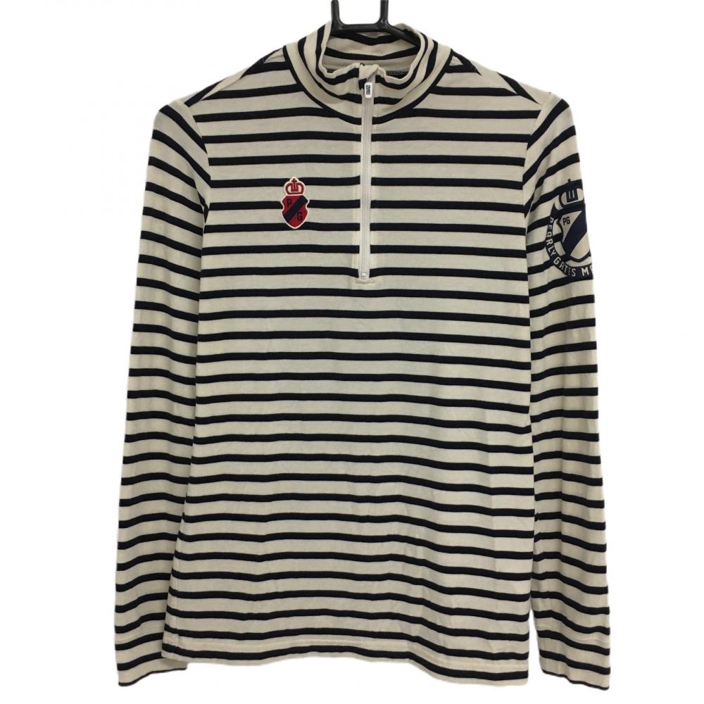 パーリーゲイツ 長袖ハイネックシャツ 白×ネイビー ボーダー ハーフジップ レディース 1(M) ゴルフウェア PEARLY GATES