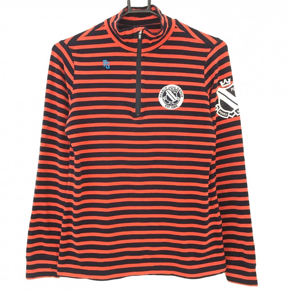 【超美品】パーリーゲイツ 長袖ハイネックシャツ ネイビー×レッド ハーフジップ ボーダー レディース 0(S) ゴルフウェア PEARLY GATES