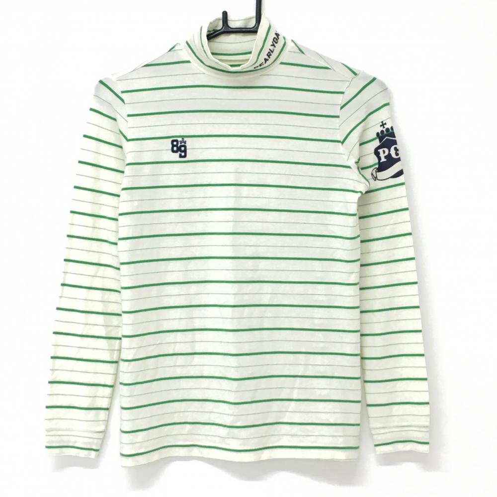 【美品】パーリーゲイツ 長袖ハイネックシャツ 白×ライトグリーン ボーダー 表微起毛  レディース 1(M) ゴルフウェア PEARLY GATES