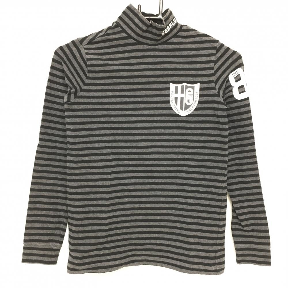 【美品】パーリーゲイツ 長袖ハイネックシャツ グレー×黒 ボーダー ロゴプリント レディース 0(S) ゴルフウェア PEARLY GATES