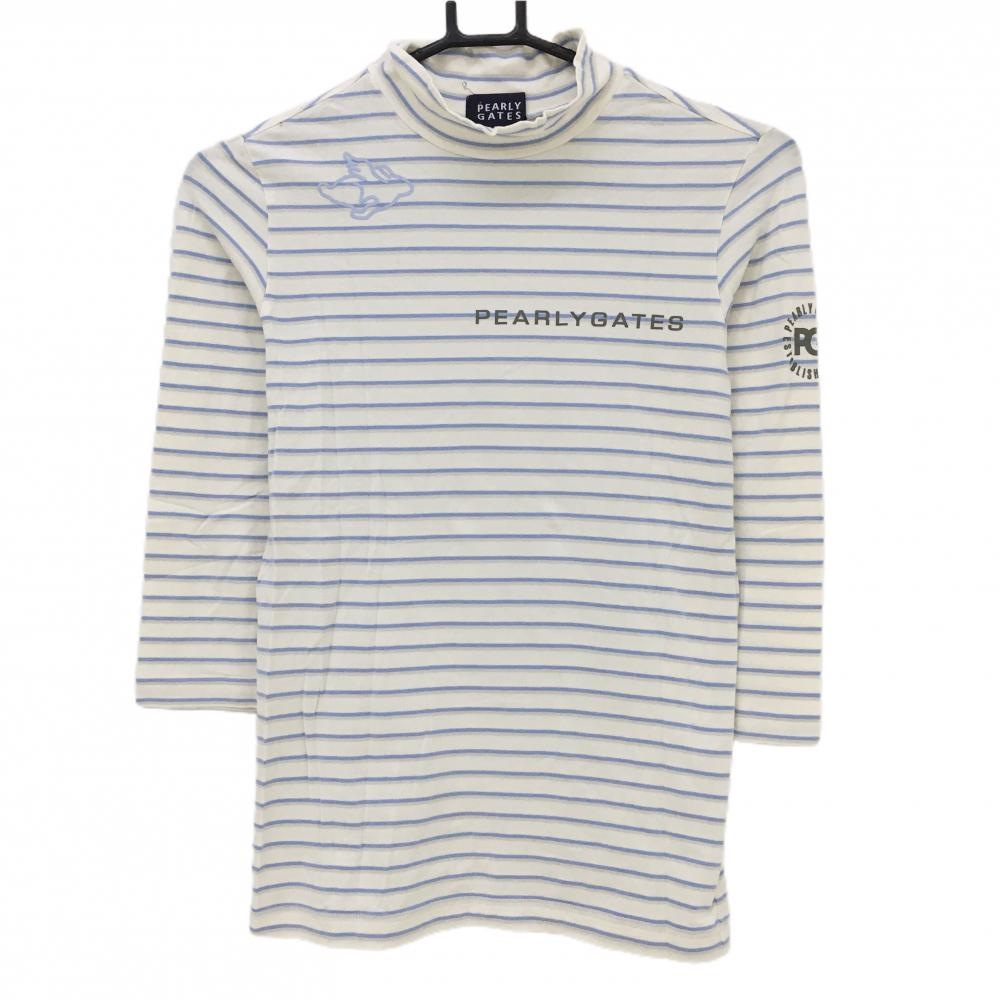 【美品】パーリーゲイツ 七分袖ハイネックシャツ 白×ライトブルー ボーダー レディース 0(S) ゴルフウェア PEARLY GATES