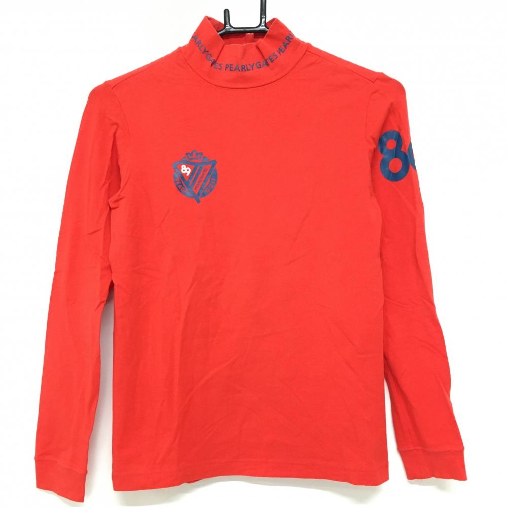 パーリーゲイツ 長袖ハイネックシャツ レッド×ネイビー ネックロゴ  レディース 0(S) ゴルフウェア PEARLY GATES