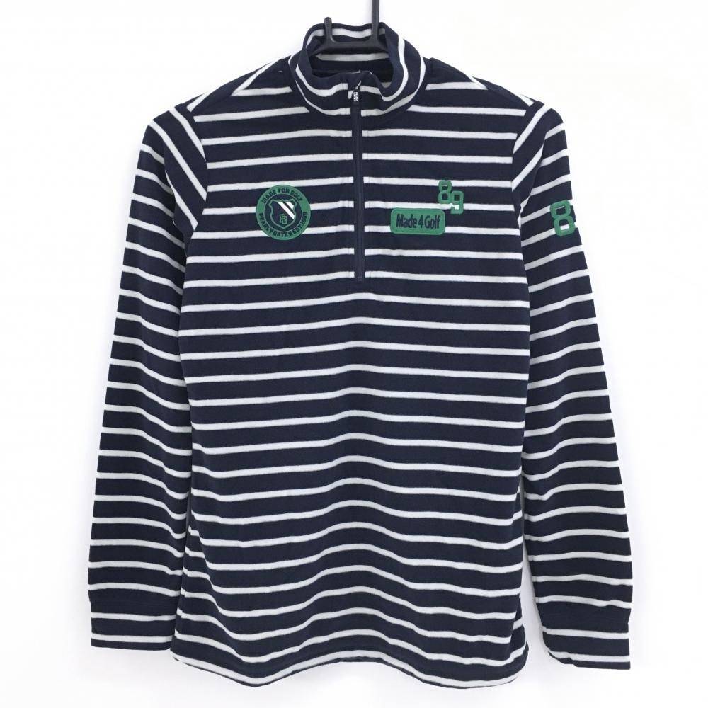 【美品】パーリーゲイツ 長袖ハイネックシャツ ネイビー×白 ボーダー 起毛 ハーフジップ レディース 1(M) ゴルフウェア PEARLY GATES