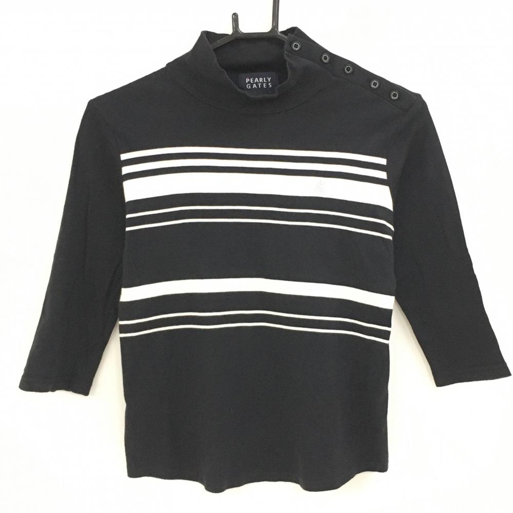 パーリーゲイツ 七分袖ハイネックシャツ 黒×白 胸ボーダー調 肩ボタン  レディース 0(S) ゴルフウェア PEARLY GATES